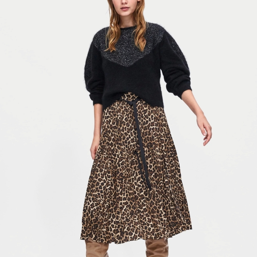 Zara Leopard Pleated Midi Skirt